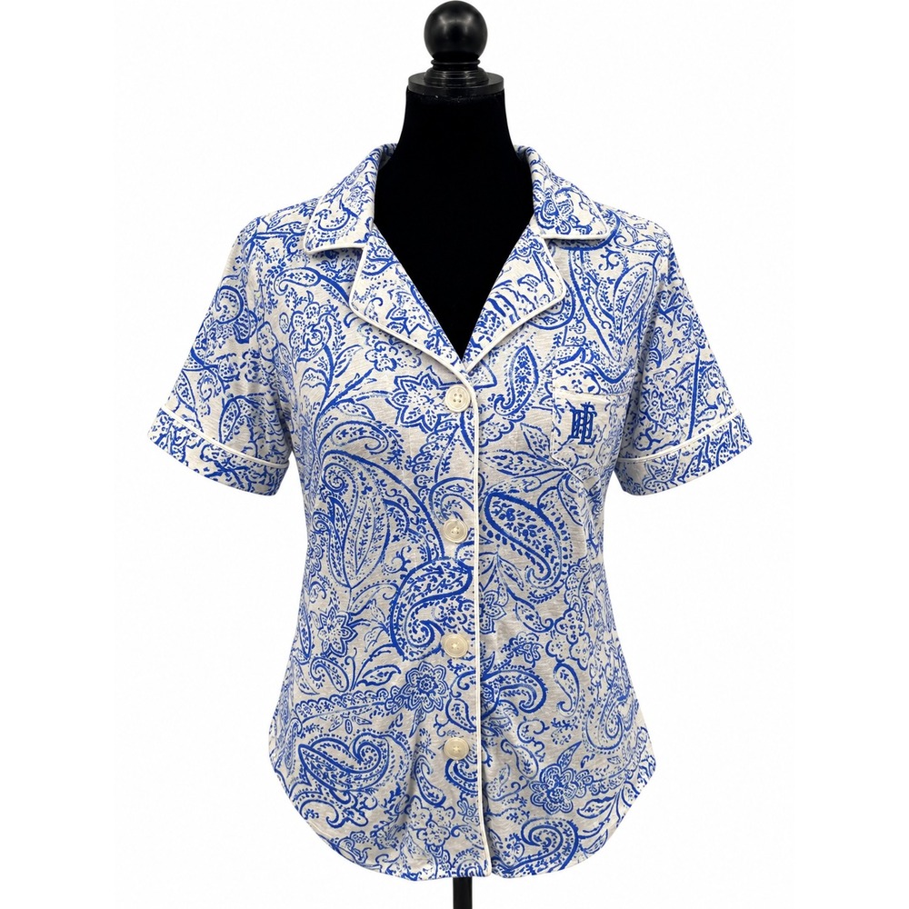 Lauren Ralph Lauren Womens Medium Blue Paisley Cotton Blouse Piped Camp Collar
